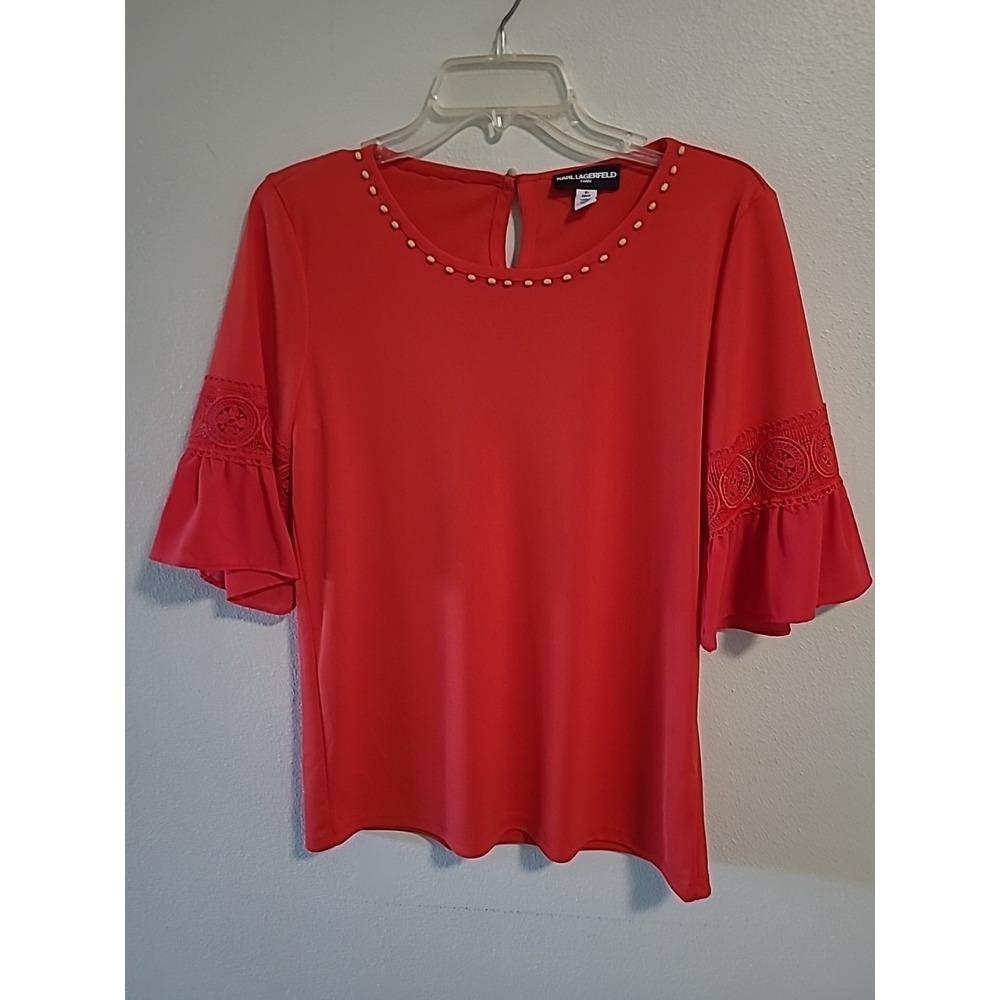Karl Lagerfeld Paris Womens S Red Beaded Blouse Bell Sleeve Tunic Lace Trim